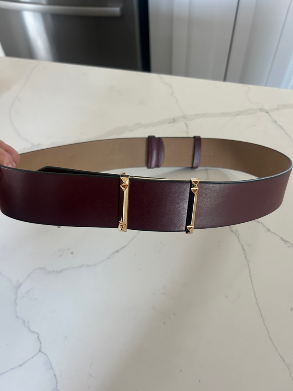 BCBG Women's Wide Burgundy Leather Belt with Gold Accents